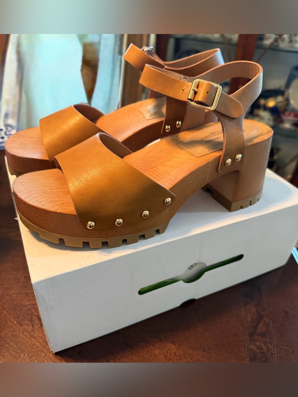 Call It Spring Tan Platform Clog Sandals with Gold Accents
